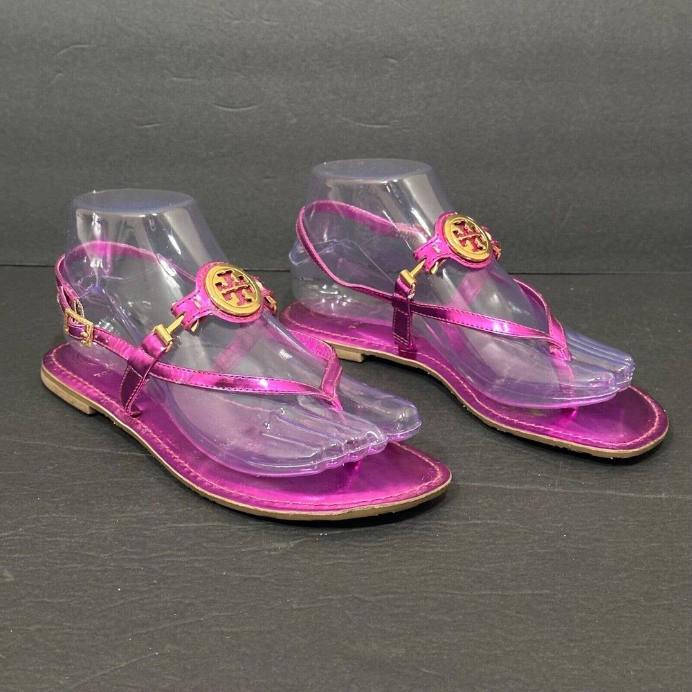 Tory Burch Women’s Size 6.5 Metallic Pink Capri Flat Gladiator Sandal Gold Logo